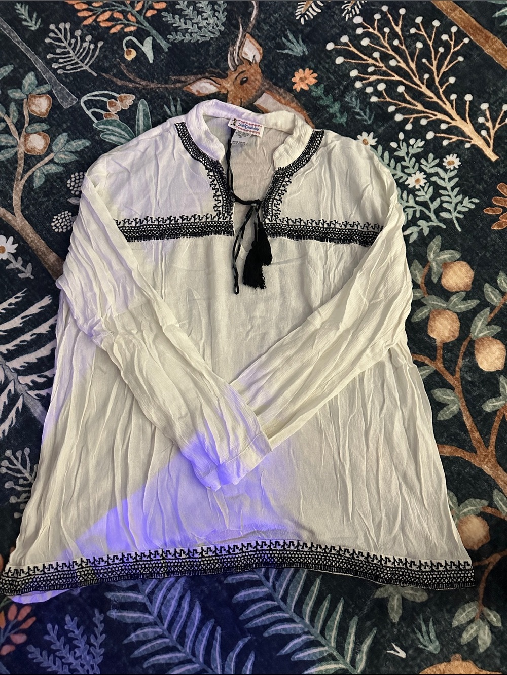 White Boho Tassel Tunic with Black Embroidery